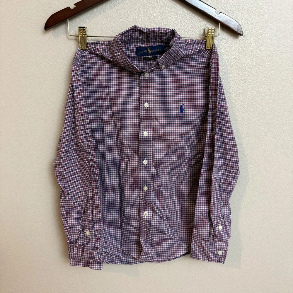 Ralph Lauren Button Down Shirt Size M (10-12) Red Blue White Plaid Preppy